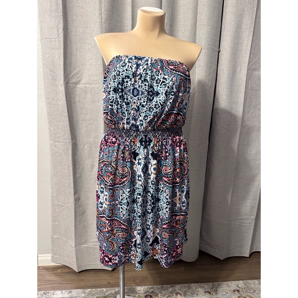 Maurices Women's 2 Strapless Paisley Stretch Dress Multi Blue Pink Black